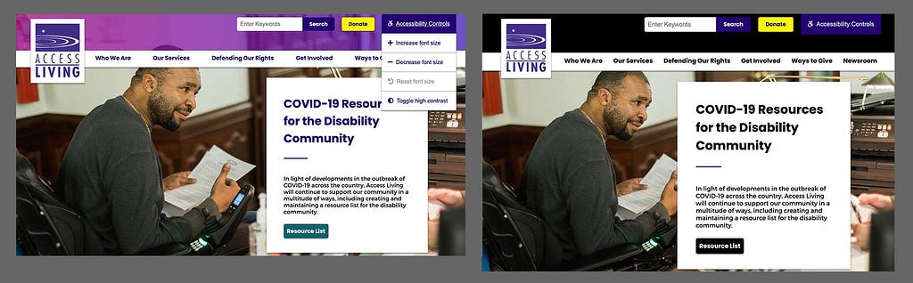 Two screen grabs of the Access Living website with accessibility controls enabled.