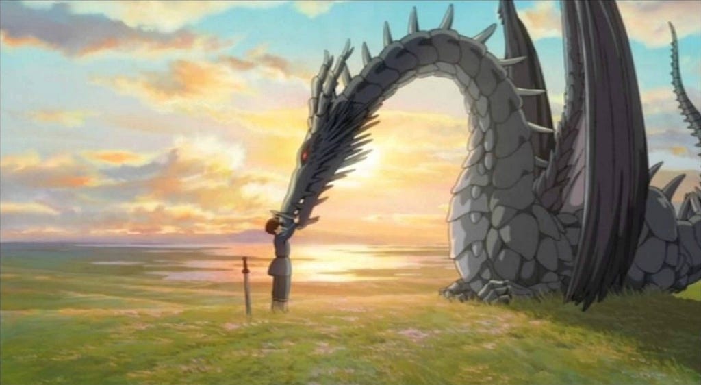 A boy touching the nose of a dragon in the sunset