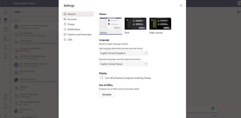 SETTINGS IN TEAMS