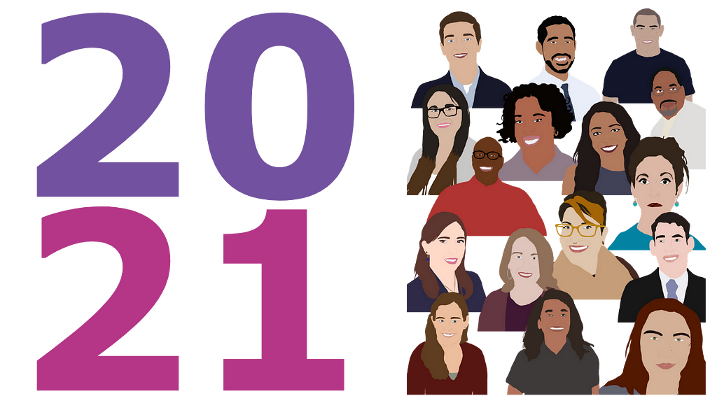 2021 in giant pink and purple text and a graphic of colored paint-like illustrations of the headshots of all 16 fellows.