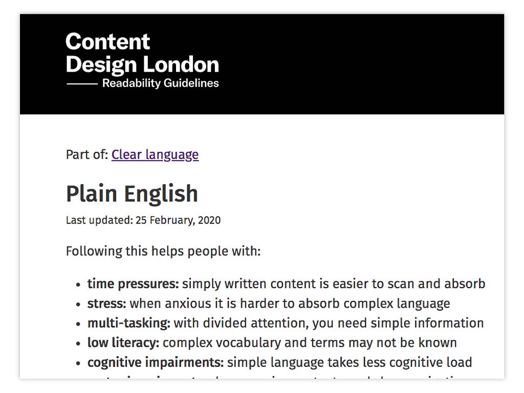 Screenshot of guidelines for writing Plain English from Content Design London