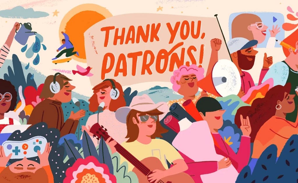 “Thank you, Patrons” illustration with different types of creators shown. Image taken from https://www.tubefilter.com/2019/11