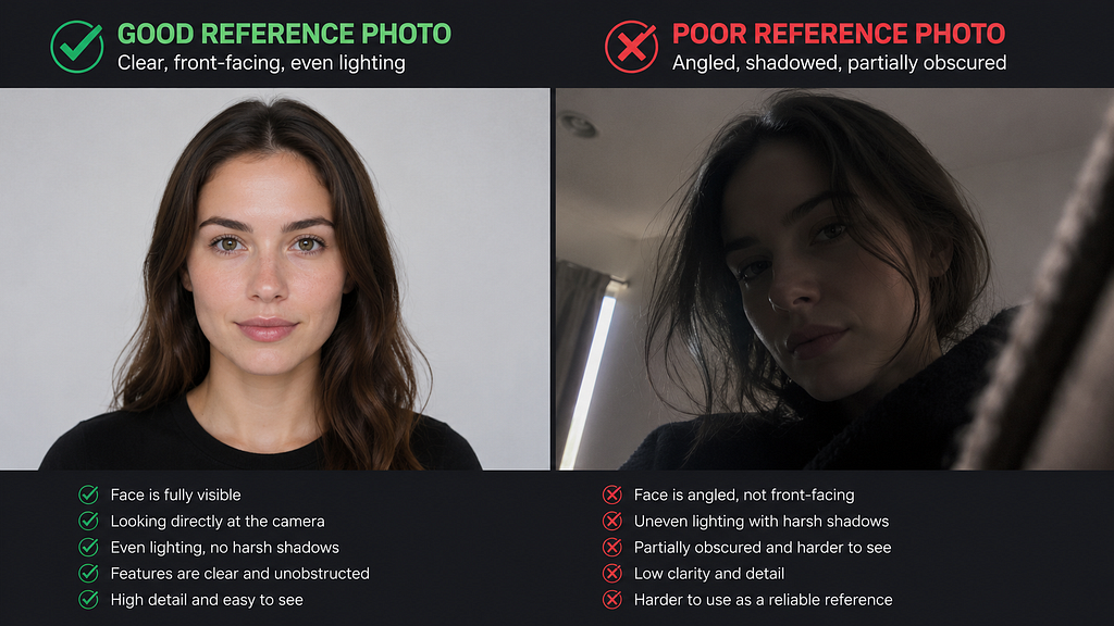 Side by side comparison of a good reference photo (clear, front-facing, even lighting) versus a poor one (angled, shadowed, partially obscured)