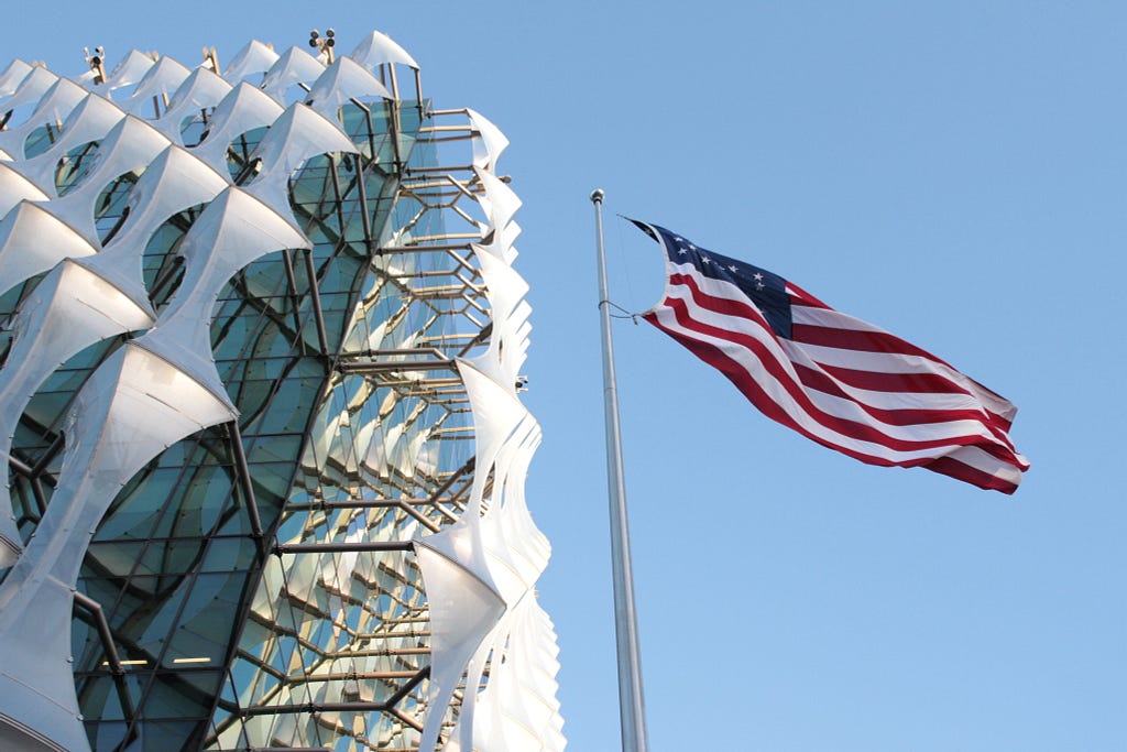 American flag flies outside U.S. Embassy in London