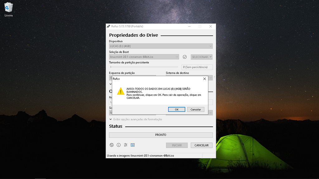 Tela do app Rufus — aviso de deleção de dados