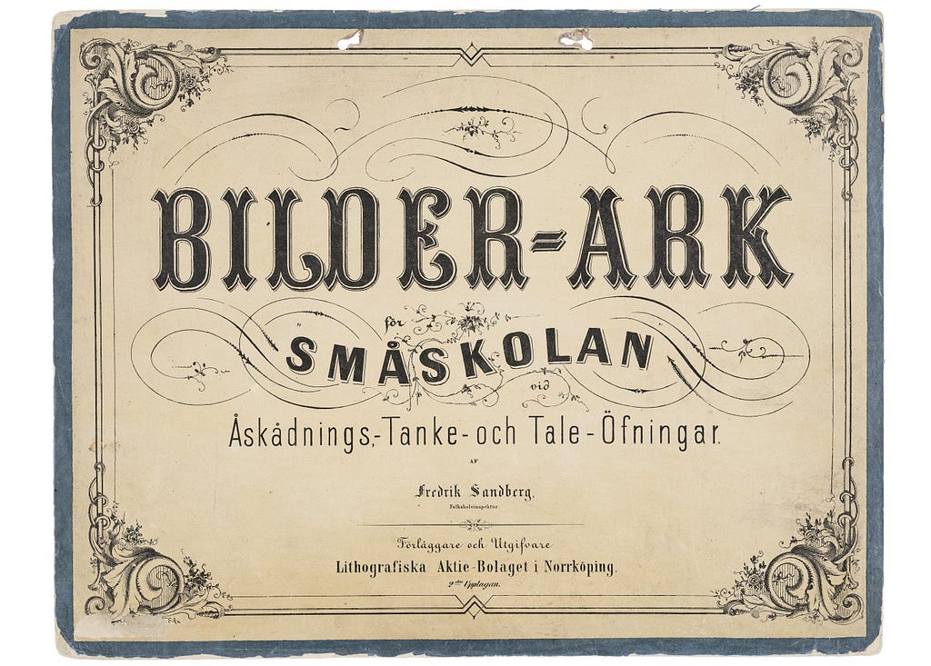A cover sheet for vintage school posters. Decorated text in Swedish on yellowish paper.