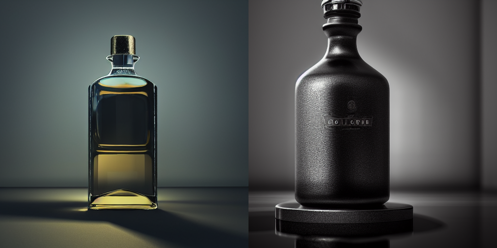 Two cologne bottle renderings by Midjourney AI based on prompt from author