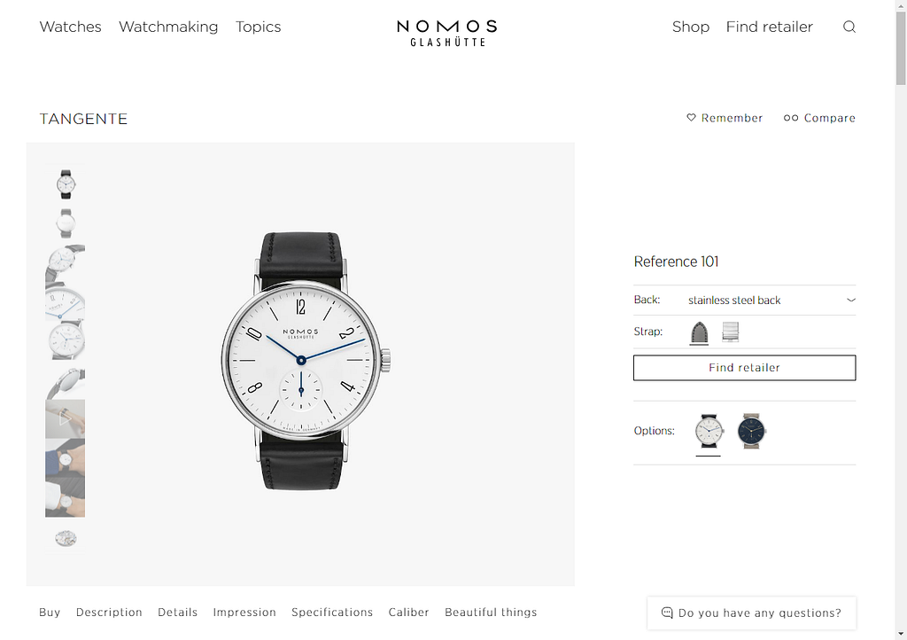 Nomos Tangente on the official website