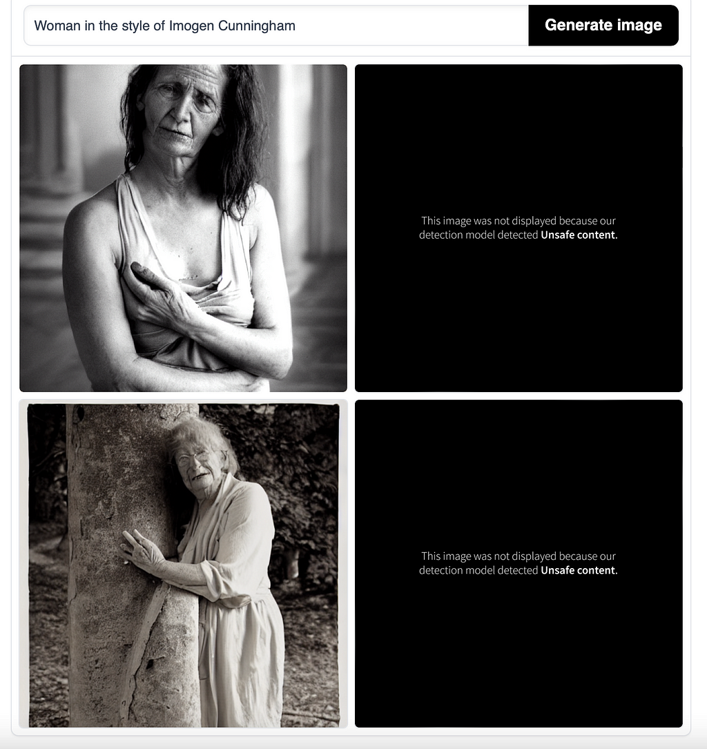 Woman in the style of Imogen Cunningham, two images of women and two blocked images generated by Stable Diffusion