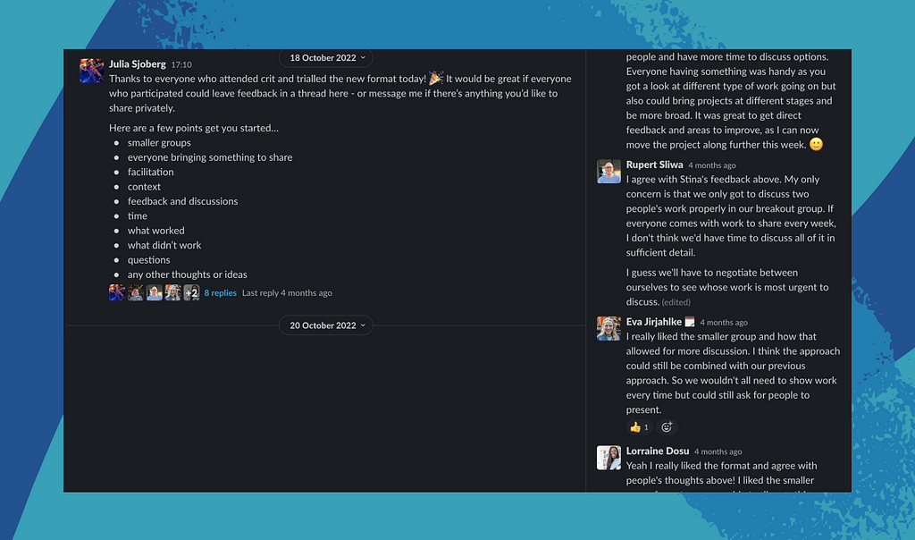 Screenshot of feedback via Slack