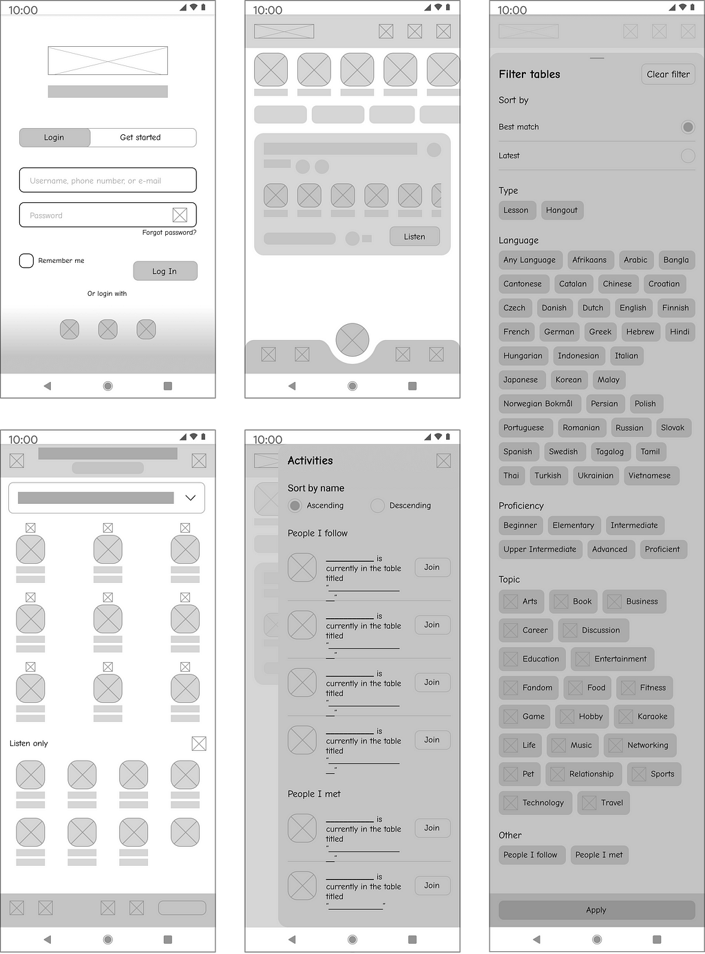 Wireframes resulting from the sketches that have been created
