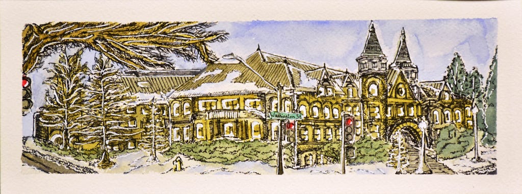 A drawing/watercolor of the Old Capitol Building in Olympia, WA.