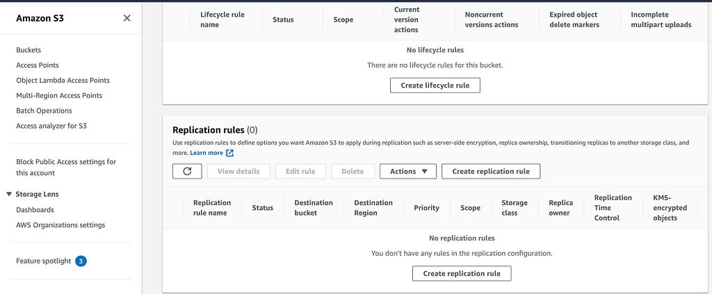 Replication Rule Dashboard under AWS S3 source replicating bucket