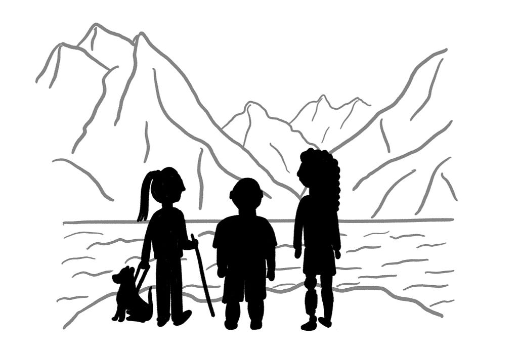 Illustration of three people overlooking a mountain view. One person has a dog on a harness and a walking stick, another person has a prosthetic leg.