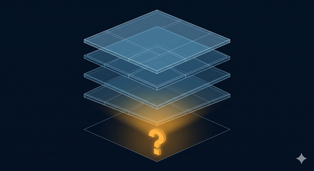 Five translucent blue architectural layers floating above a single glowing amber question mark at the base — a product built layer by layer without ever answering its foundational purpose question.
