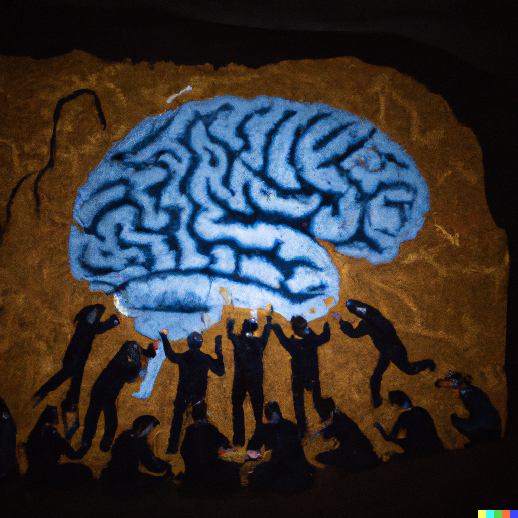 Cave painting showing a group of AI researchers training a giant brain