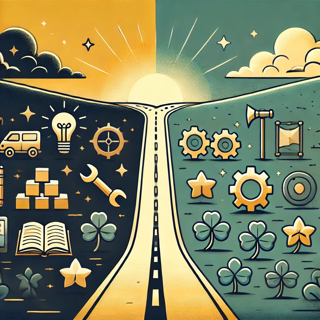 Illustration showing a path into the sunset with icons representing a combination of hard work and luck along the way