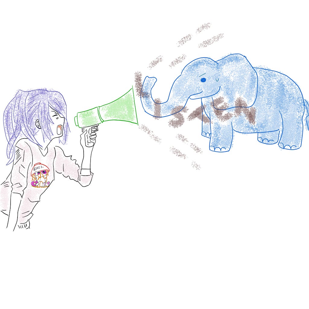 Female using a bullhorn to scream “listen” to an angry elephant