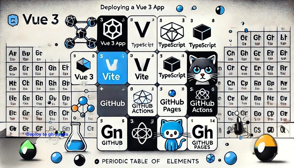 Illustration of a periodic table themed around GitHub, Vue, and Vite, created by DALL-E