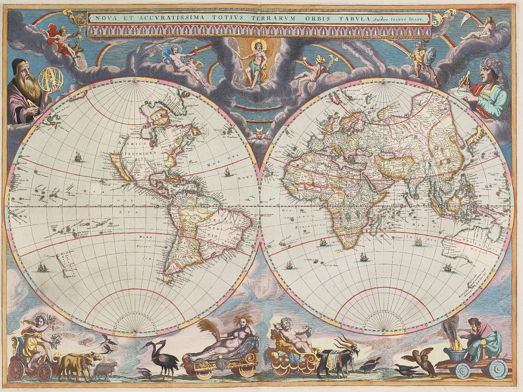 Hand coloured, highly ecorative double hemisphere map of the world. Representations of the four seasons appear along the bottom of the map. Portraits of Danish astronomer, Tycho Brahe and Galileo, andorn the top corners, with several classical deities appearing on clouds in between.