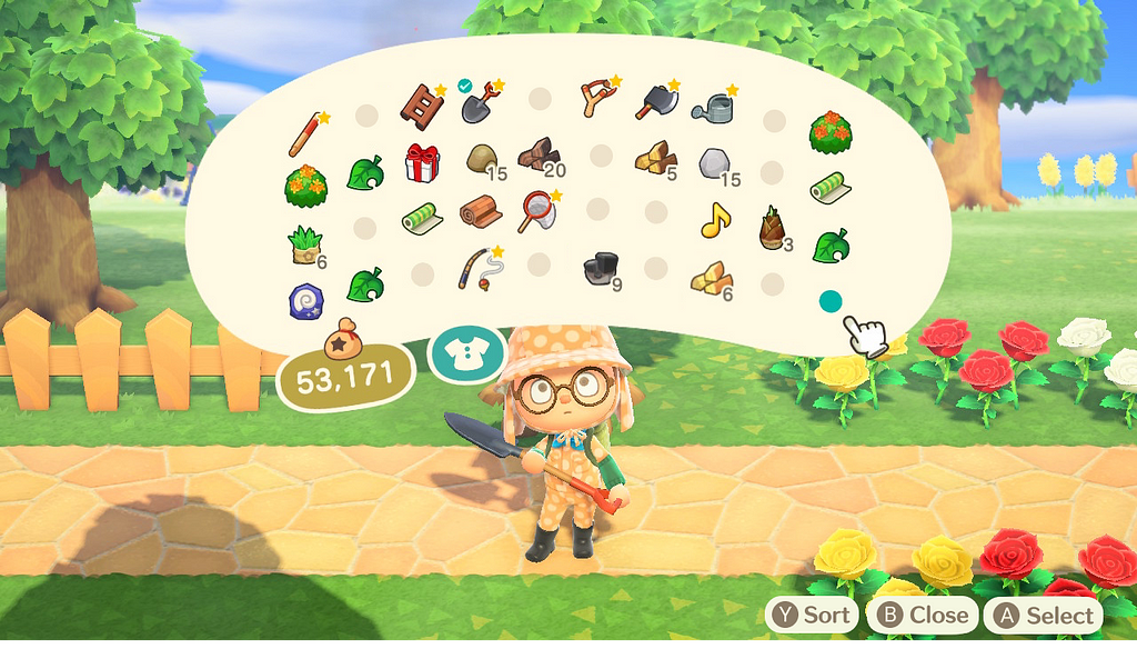 A character from Animal Crossing is shown pondering their inventory. The inventory is unorganized and scattered.