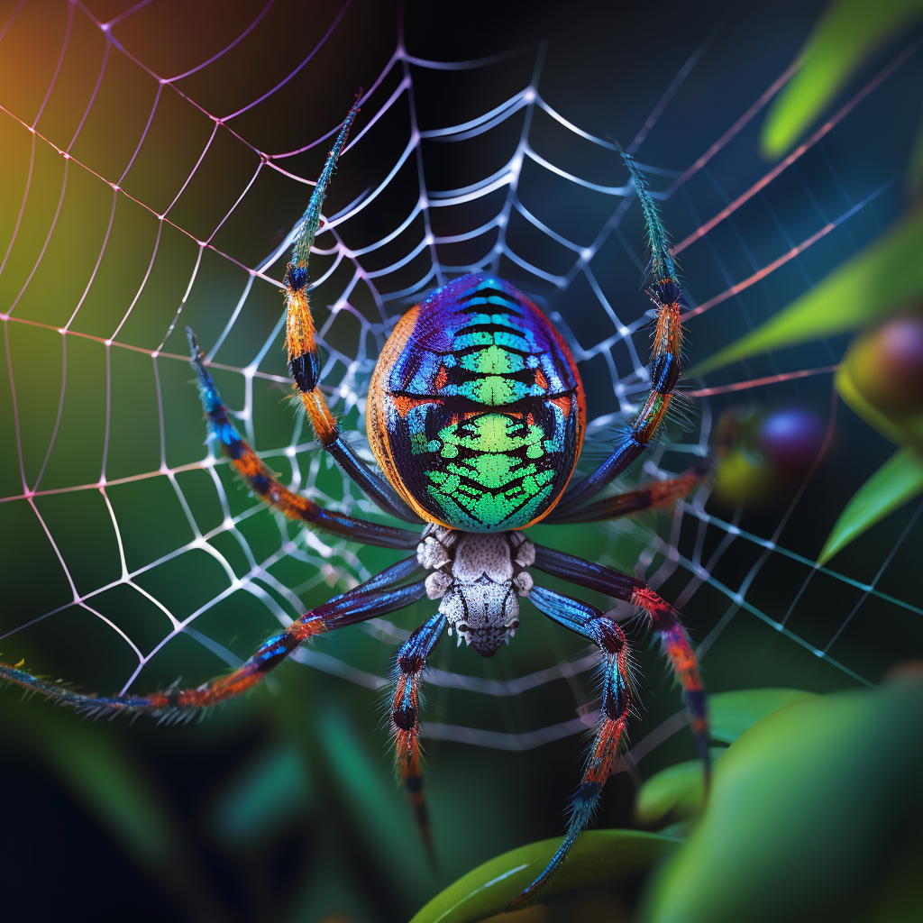 Mutant neon colored super spider on a web.