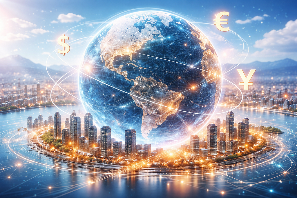 A digital illustration of the Earth surrounded by glowing network connections linking major global cities, with currency symbols representing the US dollar, euro and yen. The image conveys the concept of interconnected global financial infrastructure, real-time payments and cross-border settlement in a programmable financial system.