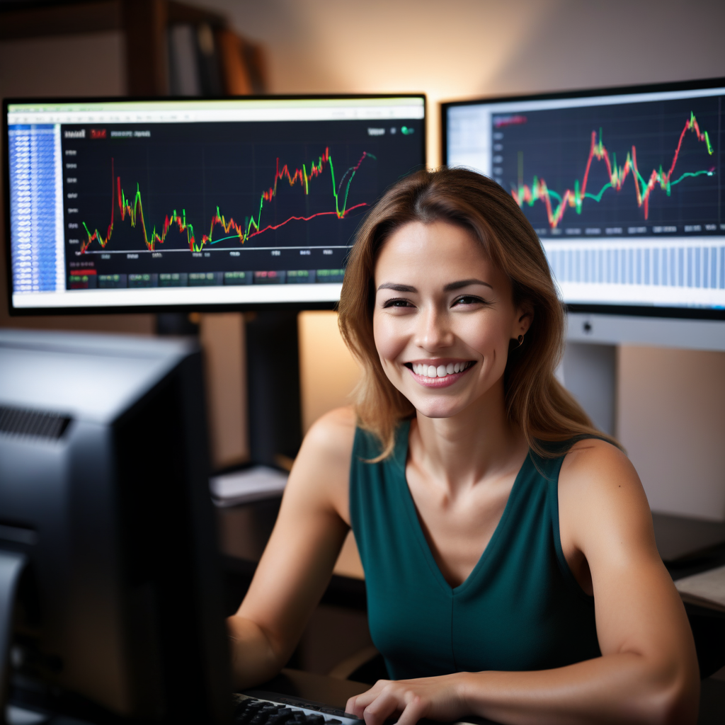 A woman smiles at monitors displaying the stock market