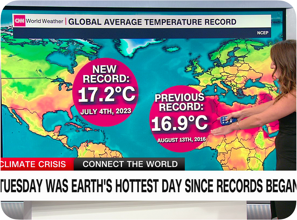 Screen cap of a weather person on the TV news in front of a map with the map’s caption pointing out that Tuesday was earth’s hottest day since reocrds began.