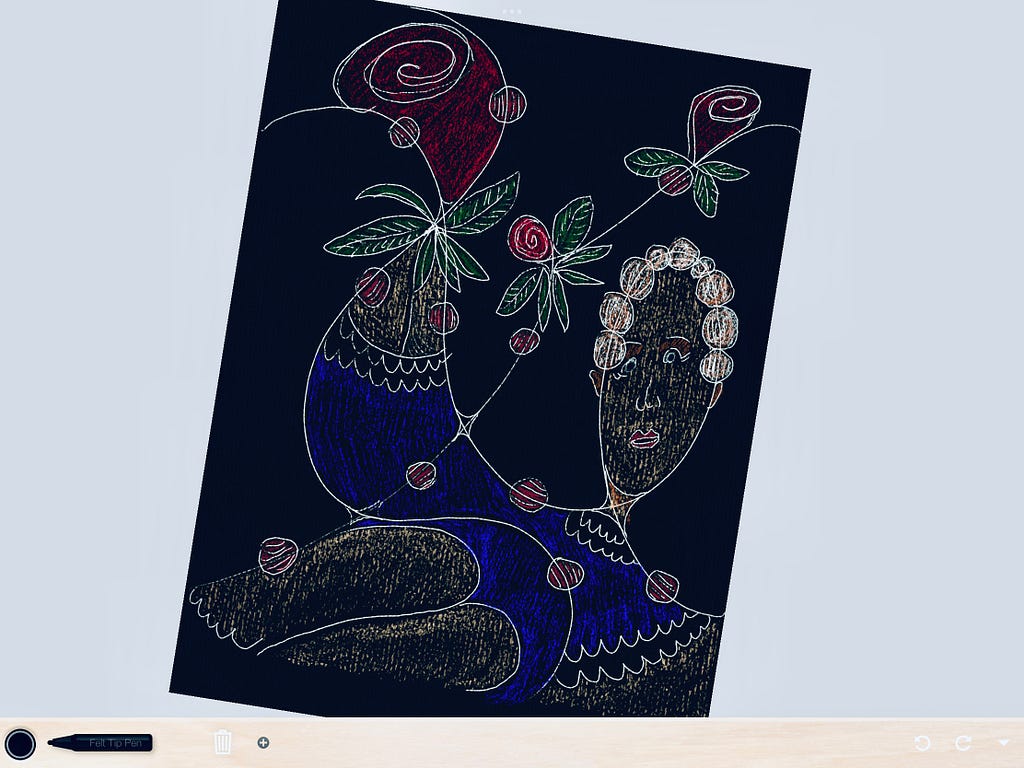 The author’s neurographica: Reclining woman in a blue dress holding flowers.