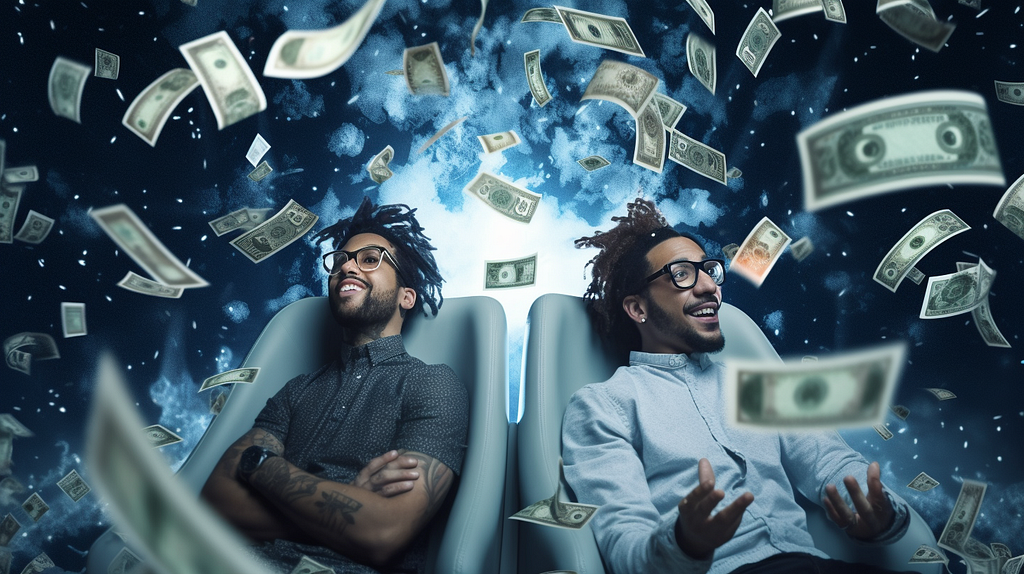 a photoreal image of happy content creators in outer space surrounded by money