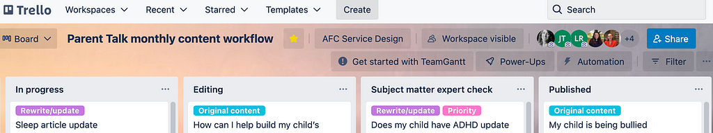 Parent Talk monthly content workflow Trello board with columns: In progress, Editing, Subject matter expert check, Published