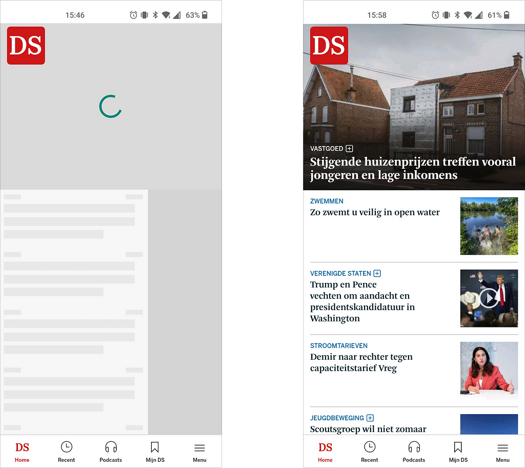 Two screenshots of application on mobile phone, on the left you see the skeleton. On the right you see the final loaded page.