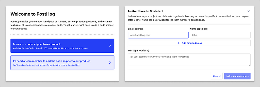 A screenshot from PostHog showing a flow that allows users to send an invitation to a user who is able to commit code.