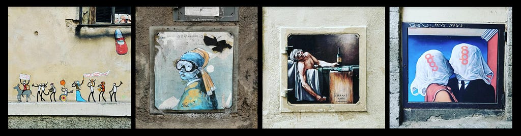 Various wall enhancements spotted in Florence (street art interpretations of Vermeer, Jacques-Louis David, Magritte).