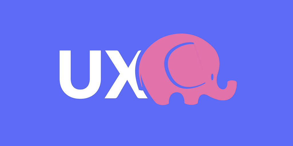 A palavra UX é destacada na imagem com um elefante rosa por cima dela e um fundo roxo por trás.