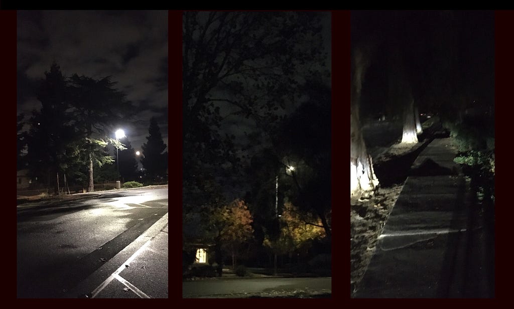 Three night photos. The first across a wet parking lot with a bright light creating shining pathways with clouds above. Second is light shining on colored leaves and a lighted window scene. And last is a sidewalk with light along trees and my long shadow.