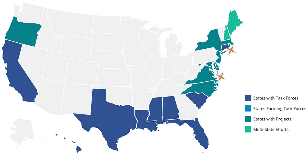 Color-coded map of the 50 United States. Hawaii and all coastal states with the exception of Washington State and Georgia are filled in with color representing one of 4 options listed in the legend: states with task forces, states forming task forces, states with projects, and multi-state efforts. There are orange star-shaped markers off the coasts of Rhode Island and Virginia.