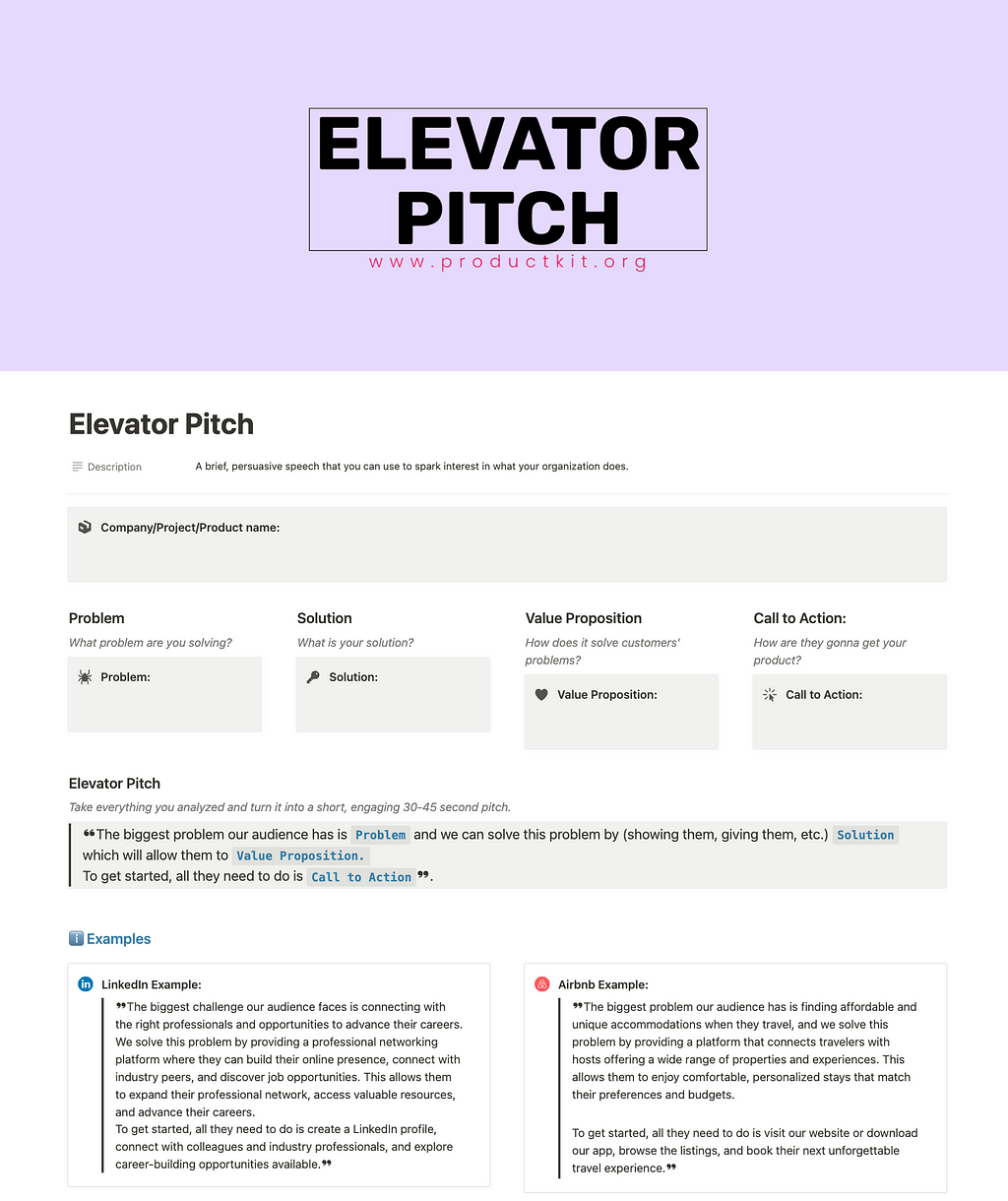 Image of Elevator Pitch Notion template — a brief, persuasive speech that you can use to spark interest in what your organization does.