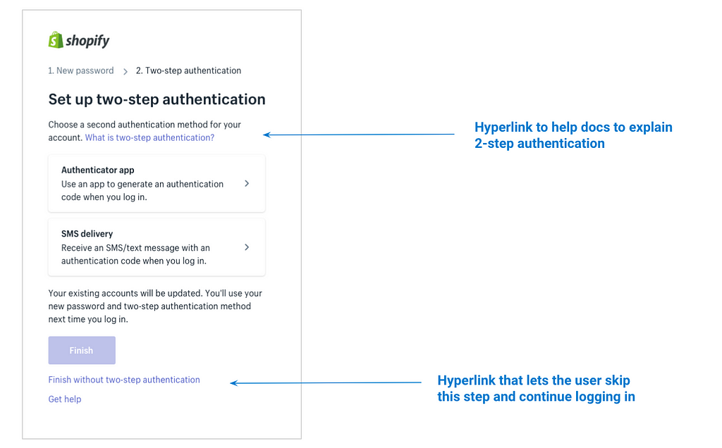 A screenshot of a revised two-step authentication flow with added hyperlinks.