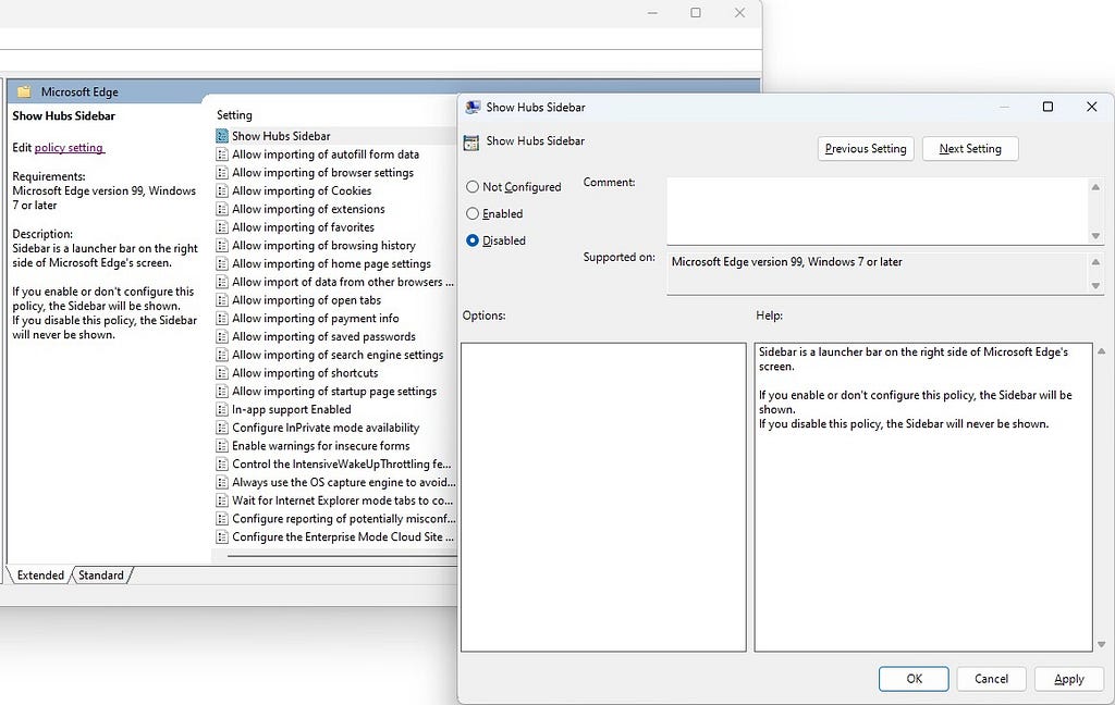 Screenshot from the Group policy console showing what needs to be configured to disable sidebar launcher in the Edge browser.