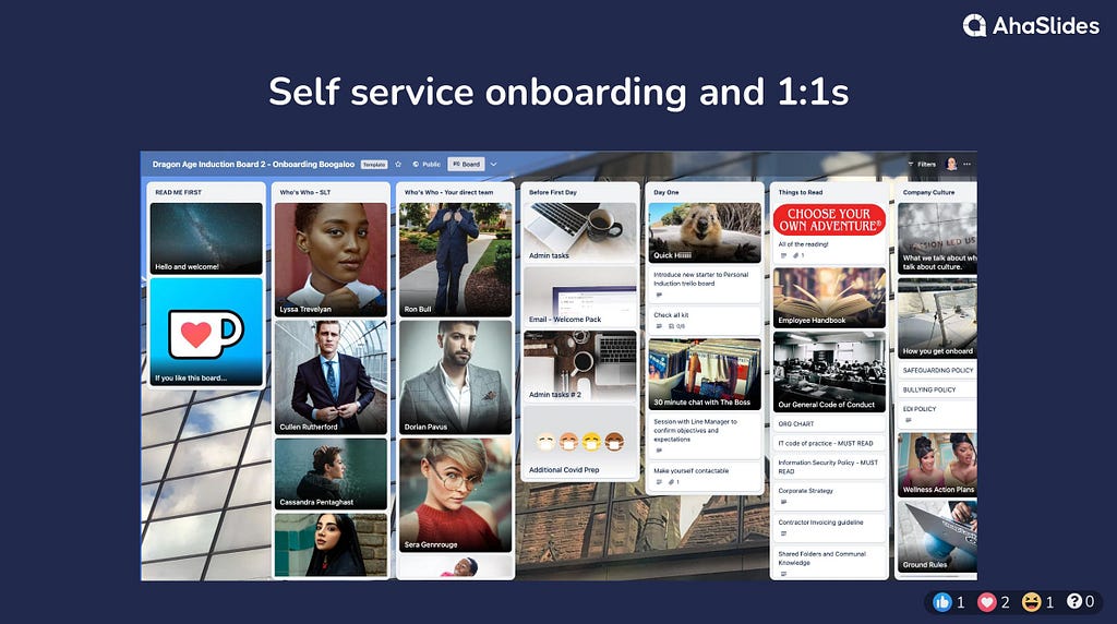 Self service onboarding and 1:1s. Dragon Age induction board 2. Board showing people you should get to know, things to read, mandatory and optional, email tasks, admin tasks etc.