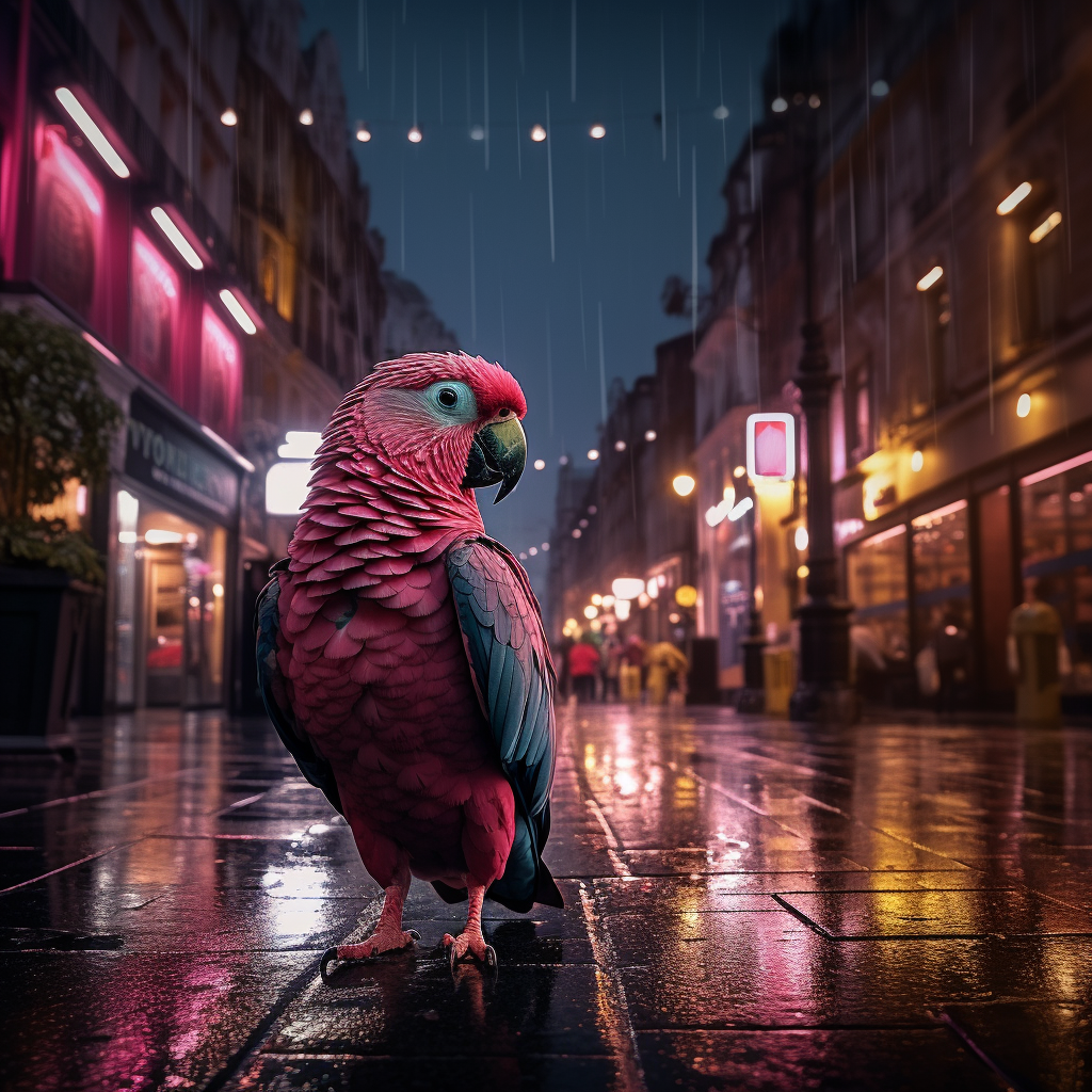 A deserted street in Paris at night, in the rain, with a pink parrot in the middle of the street, cinematic lighting, suspenseful imagery, Canon EOS R7, hyper realistic by Inconnu