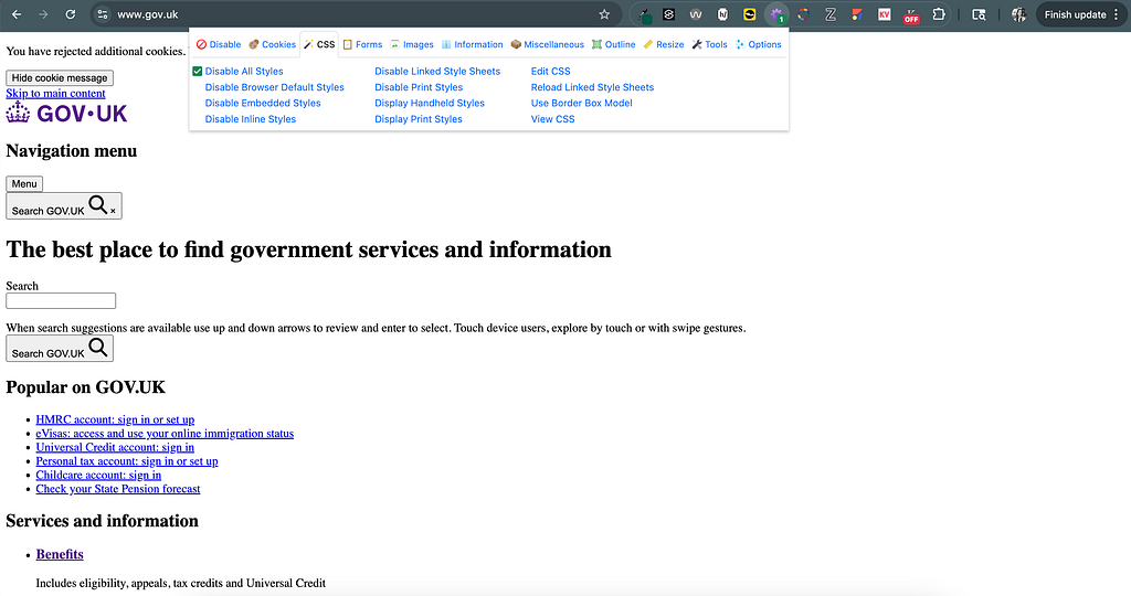 Web Developer disables all CSS styles on GOV.uk’s home page