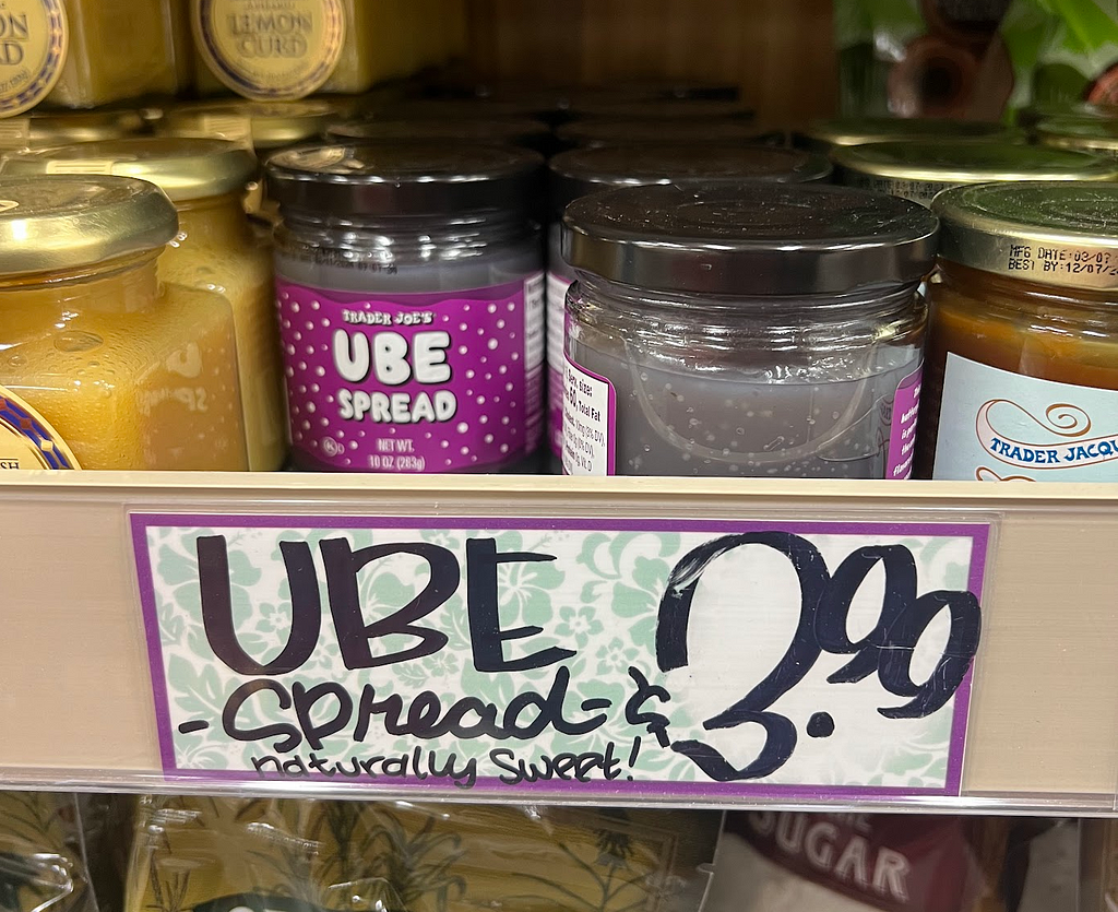 Product tag that says “Ube Spread (naturally sweet!)”