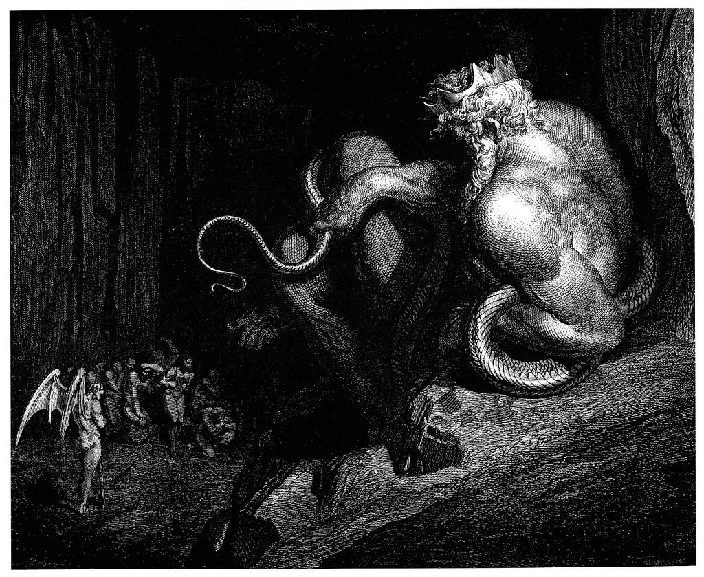 Gustave Dore illustration to Dante’s Inferno. Plate XIII: Canto V: Minos judges the sinners.
