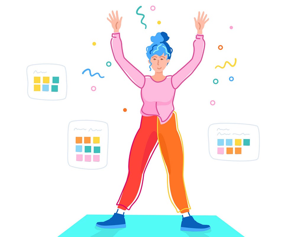 A colourful illustration of a woman who is excited about the hack-day. She is surrounded by sticky notes that were created during the hack day.