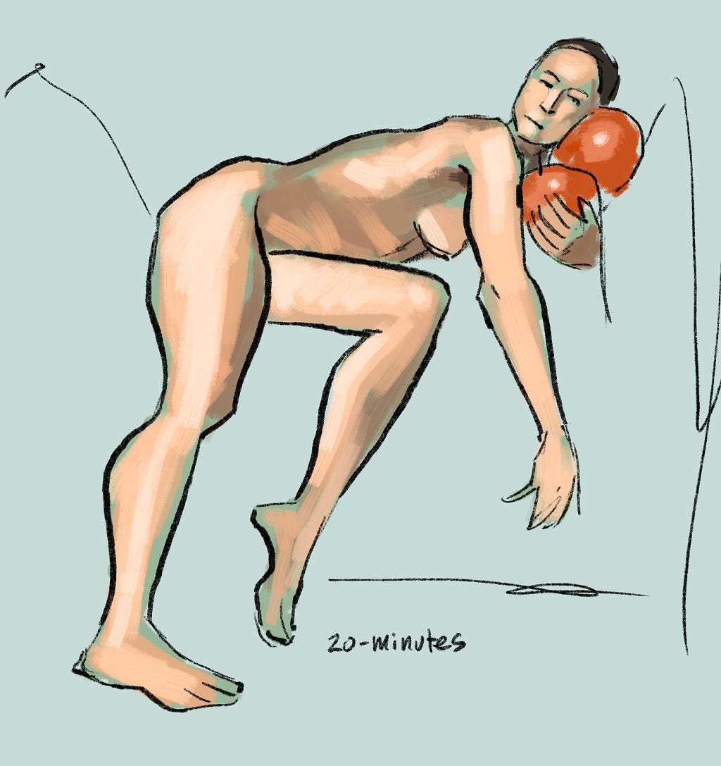 A digital painting of a nude, female model. She is seated on a bench but her upper body is reclining against the arm of the bench. Her right arm hangs down and her left hand holds 2 balloons which act as a pillow for her head.