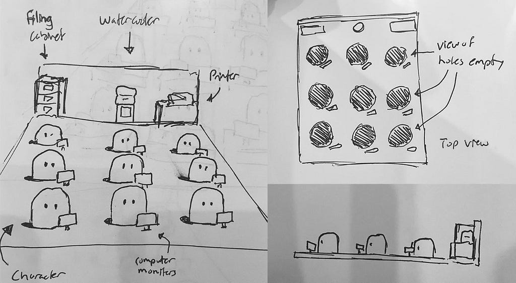 Black and white office setting ideation sketches for final game environment layout