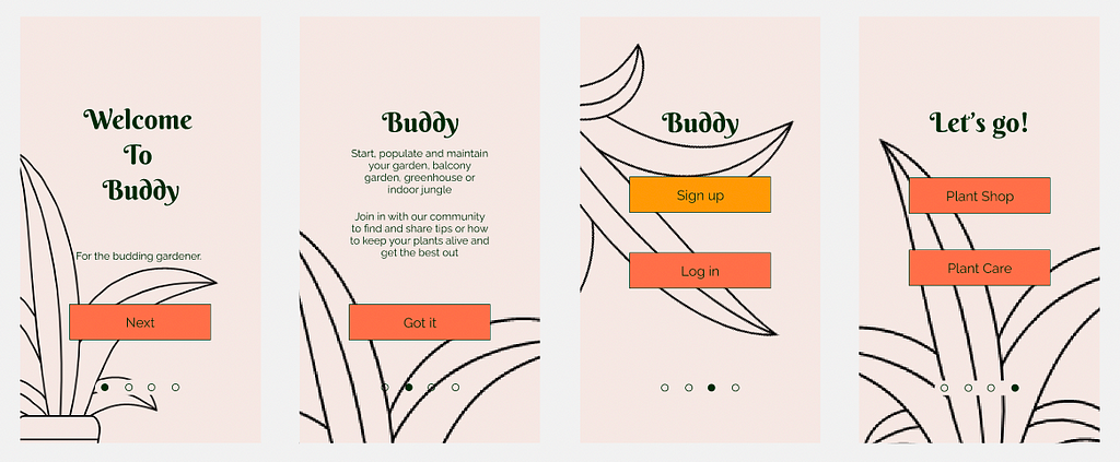 Four coloured, high-fidelity wireframes showing the on-boarding pages with added black-line illustrations of a plant.